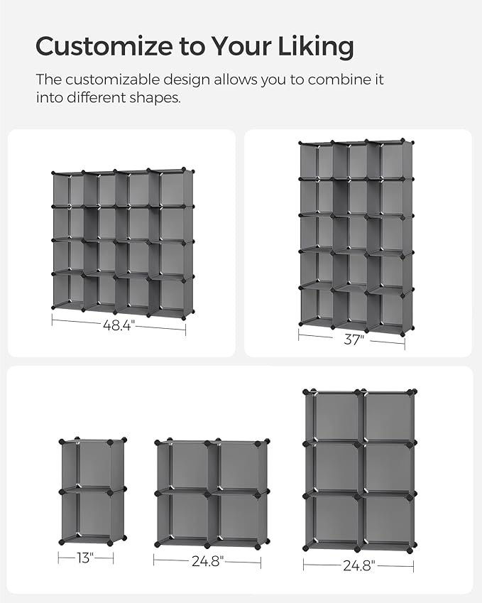SONGMICS Cube Storage Organizer, Set of 16 Plastic Cubes, Book Shelf, Closet Organizers and Storage, Room Organization, Bedroom Living Room, 12.2 x 48.4 x 48.4 Inches, Gray ULPC442G01
