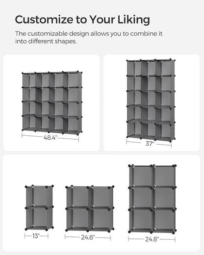SONGMICS Cube Storage Organizer, Set of 16 Plastic Cubes, Book Shelf, Closet Organizers and Storage, Room Organization, Bedroom Living Room, 12.2 x 48.4 x 48.4 Inches, Gray ULPC442G01