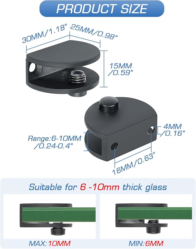 Alise Glass Shelf Bracket Adjustable Shower Brackets,Heavy Duty Rectangle Clamp Holder for 6-10mm Glass Shelves,Wall Mount Clamps Clip Support Panel Hardware Replacement Part,Black(Pack of 4)