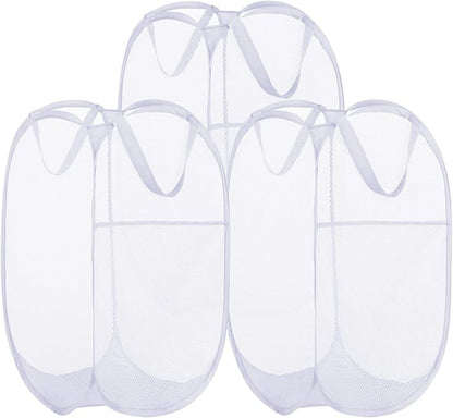 BATTOO Deluxe Strong Mesh Pop up Laundry Hamper Basket with Side Pocket for Laundry Room, Bathroom, Kids Room, College Dorm or Travel 3 Pack White