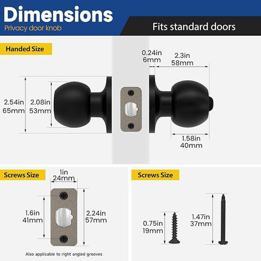 Privacy Door Knob Keyless Door Knobs Interior with Lock Bathroom Door Knob with Lock Matte Black Doorknob, 3 Pack