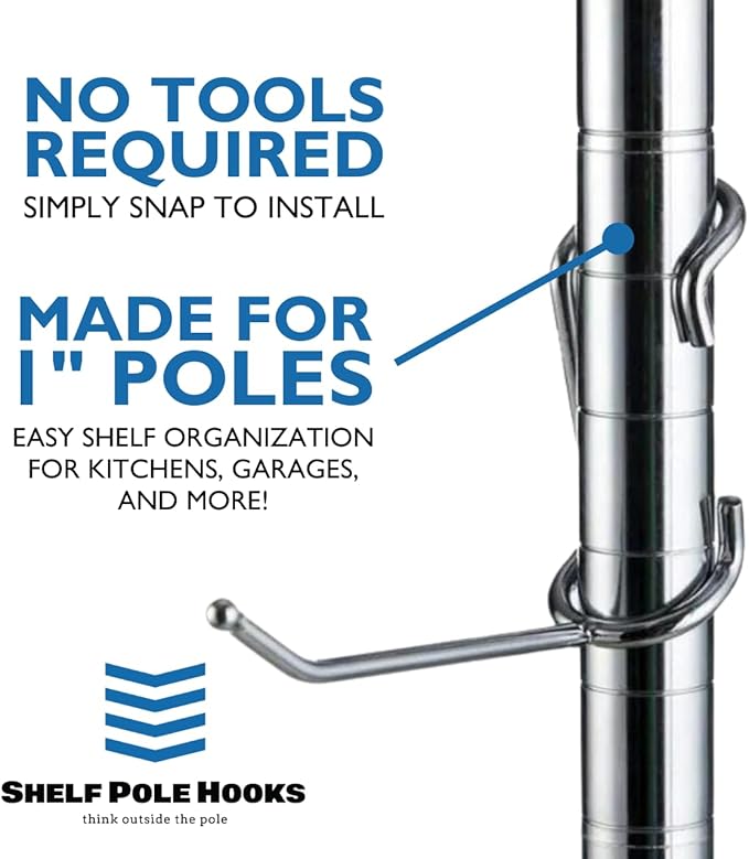 Shelf Pole Hooks 5-Pack | 4" Chrome J Hooks for 1-Inch Poles ONLY | Heavy-Duty Snap-On Hooks for Wire, Metal & Metro Shelving | Garage, Kitchen & Home Storage