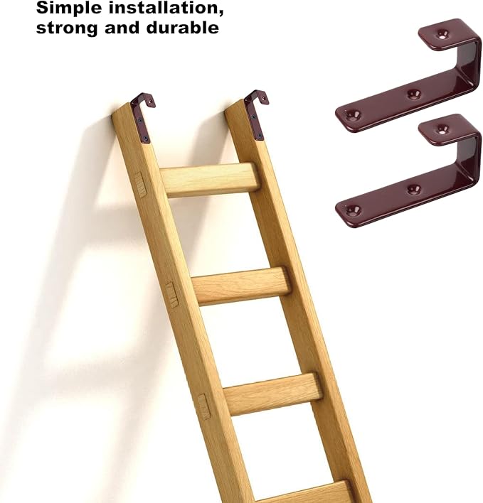 4 Pack Bunk Bed Ladder Hook, Inside 1" Kids Bunk Bed Replacement Hardware, Brown PVC Metal Loft Bed Ladder Hooks, Camper/Rv Bunk Ladder J Hook Brackets with 2 Size Screws (4 Pcak, Brown)