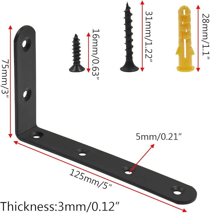 Luomorgo 16 Pcs L Shaped Brackets for Shelves - Heavy Duty Steel, Decorative Corner Brace Joint, Right Angle Wall Hanging Brackets with Screws, 5" x 3", Black