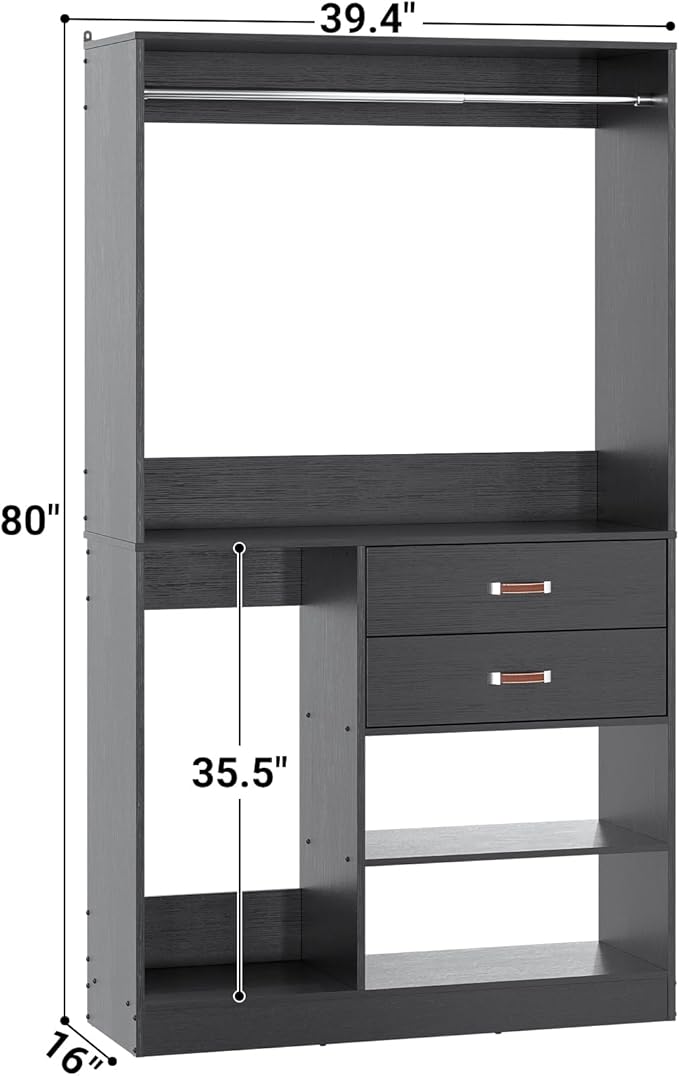 Armocity Freestanding Closet System with Suitcase Storage, 40 Inches Stand-alone Wardrobe with 2 Wood Drawers, 80'' Height Adjustable Cloth Garment Rack, Walk-in Closet with Hanging Rod, Black