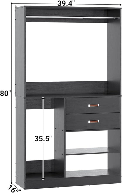 Armocity Freestanding Closet System with Suitcase Storage, 40 Inches Stand-alone Wardrobe with 2 Wood Drawers, 80'' Height Adjustable Cloth Garment Rack, Walk-in Closet with Hanging Rod, Black