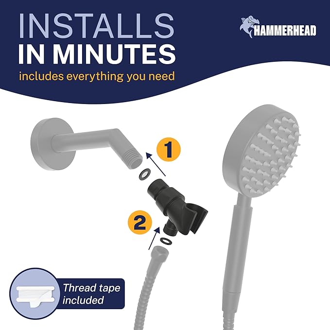 HammerHead Showers® Solid Metal Handheld Shower Head Holder - Matte Black - Adjustable Shower Wand Holder with Universal Wall Hook Bracket and Brass Pivot Ball - Hand Held Shower Head Holder