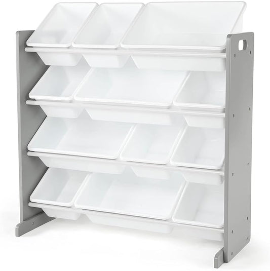 Humble Crew Kids Toy Storage Organizer with 12 Plastic Bins, Grey/White – Removable Bins for Playroom, Bedroom, Toddler Furniture for Boys and Girls Ages