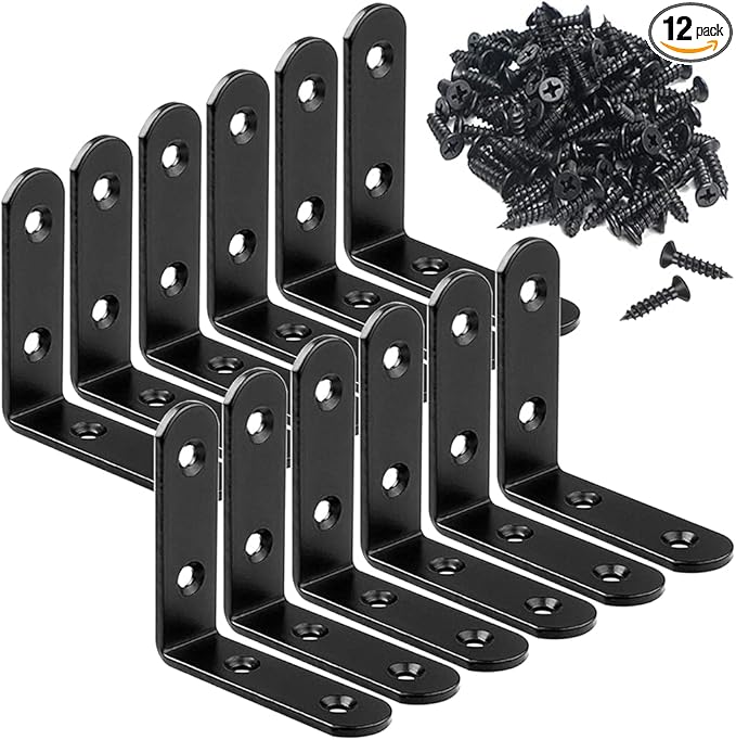 12Pcs Black Corner Brace L Brackets Stainless Steel 2.5 Inch Heavy Duty Shelf Bracket for Wood, Shelves, Wall Hanging Support 90 Degree Joint Right Angle Brackets with Screws