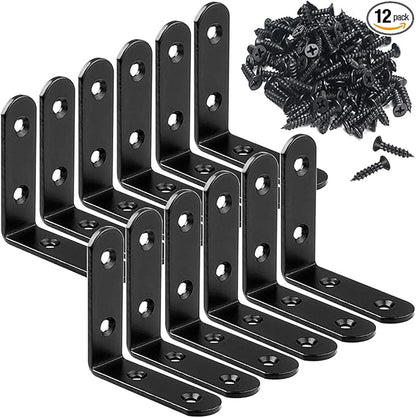 12Pcs Black Corner Brace L Brackets Stainless Steel 2.5 Inch Heavy Duty Shelf Bracket for Wood, Shelves, Wall Hanging Support 90 Degree Joint Right Angle Brackets with Screws