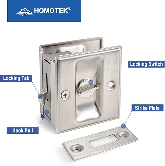 HOMOTEK 4 Pack Privacy Pocket Door Lock Hardware with Pull Pocket & Bi-Fold Door Hardware- Replace Old Or Damaged Sliding Door Locks, 2-3/4”x2-1/2”, for 1-3/8” Thickness Door, Brushed Nickel