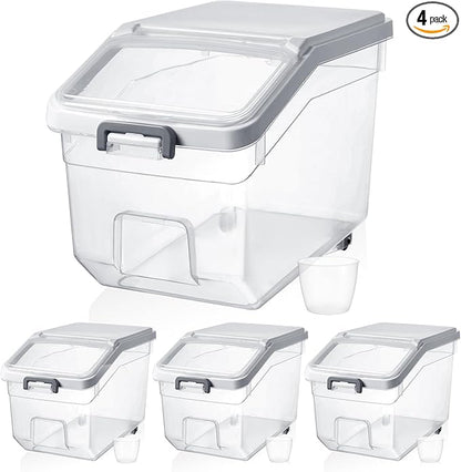 Sunnyray 4 Pcs Rice Storage Container 22 lb Airtight Flour Container with Wheels Measuring Cup Clear Pet Food Cube Dog Cat Birds Food Bin Grain Cereal Organizer Box for Dry Baking Supplies(White Lid)