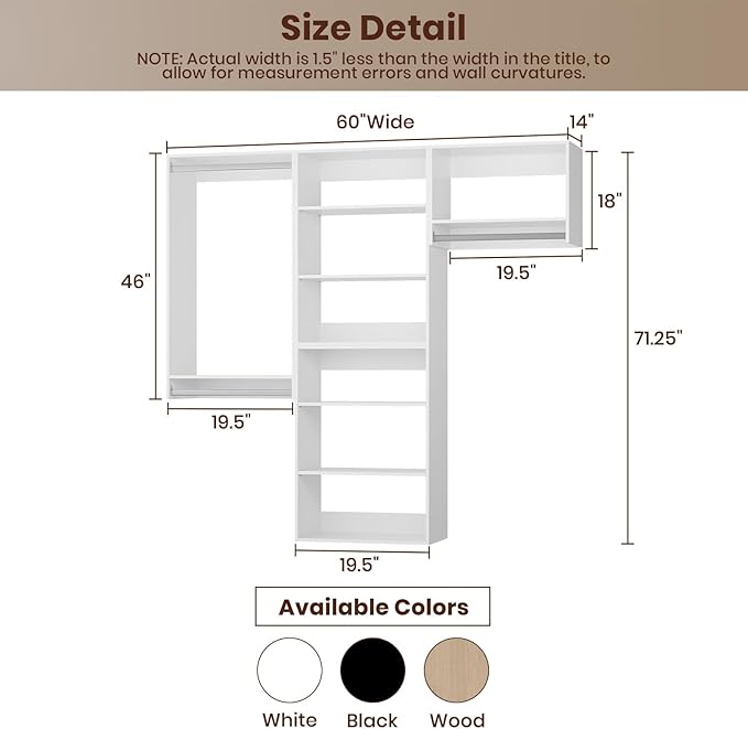 ROOMTEC Modular Closet System, 60" Wall-Mounted Closet Organizer with Hanging Rods, Modern Wooden Tower for Walk-In Closets, Wardrobe Storage Kit, White