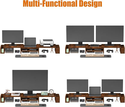 Wood Dual Monitor Stand Riser, Desk Organizers and Accessories with Storage Pen Holders, Adjustable Length and Angle 3 Shelf Extra Long 46" Desktop Organizer for 2 Monitors, Computer, Laptop, TV,Rustic Brown (Triple)