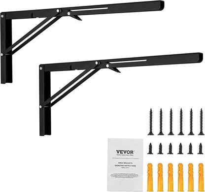 VEVOR Folding Shelf Brackets, 24" Heavy Duty Shelf Brackets, Brackets for Shelves, 5mm Thick L Shelf Bracket, Steel Shelving Brackets with 300 lbs Load Capacity, Matte Black 2 Pcs