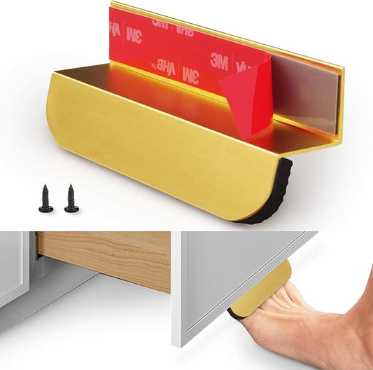 1-Pack Under Cabinet Foot Pull with Adhesive and Screws, Hands Free Toe Foot Pull Opener for Kitchen Trash Cabinet Drawer, 4 Inch (Gold)