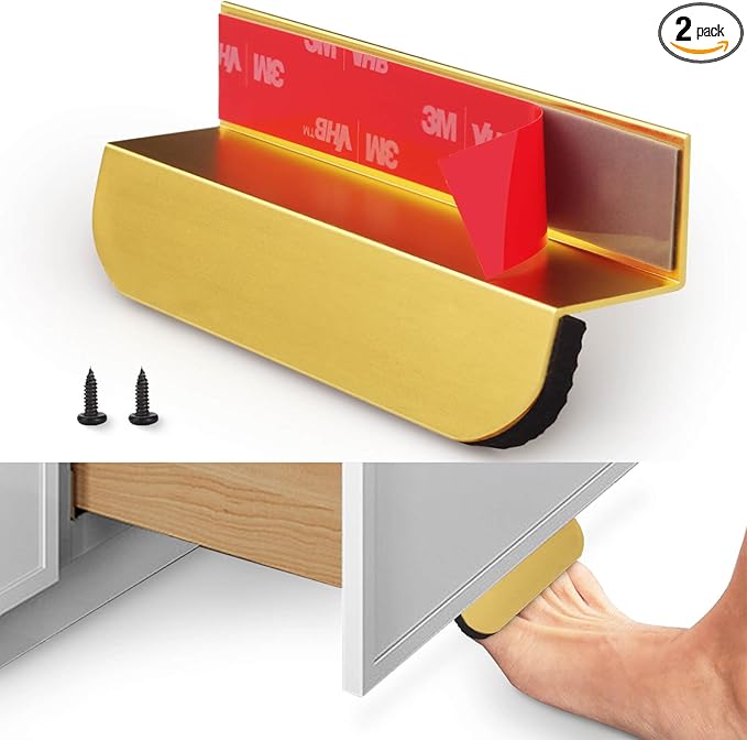 2-Pack Under Cabinet Foot Pull with Adhesive and Screws, Hands Free Toe Foot Pull Opener for Kitchen Trash Cabinet Drawer, 4 Inch (Gold)