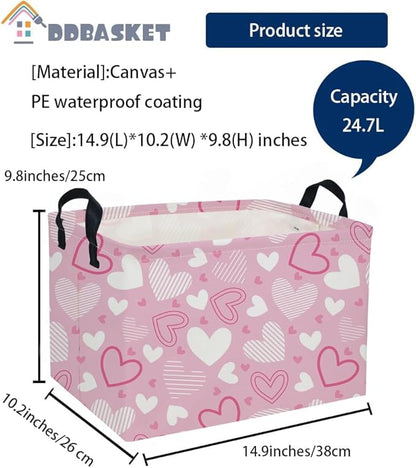 Rectangular Valentine's Day Baskets,Heart Basket,Pink Girls Basket Kids Storage Bin Love Room Decor for Home.(Pink Striped Heart)