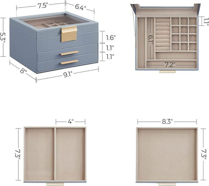 SONGMICS GISELLA Collection - Jewelry Box Organizer, 3-Layer Jewelry Storage with 2 Drawers, Shiny Metal Hardware, Glass Lid, Modern, 8 x 9.1 x 5.3 Inches, Smoky Blue and Gold Color UJBC239Q01