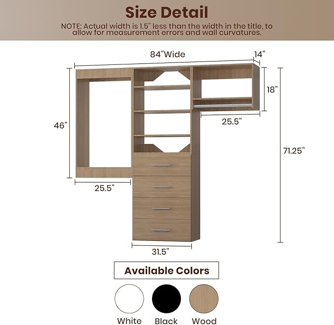 ROOMTEC Modular Closet System, 84" Wall Mounted Closet Organizer with Hanging Rods and Drawers, Modern Wooden Tower for Walk-In Closets, Wardrobe Storage Kit, Wood