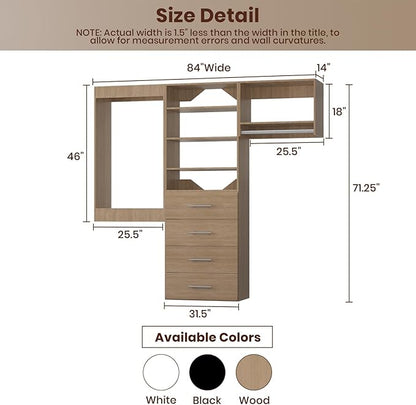 ROOMTEC Modular Closet System, 84" Wall Mounted Closet Organizer with Hanging Rods and Drawers, Modern Wooden Tower for Walk-In Closets, Wardrobe Storage Kit, Wood