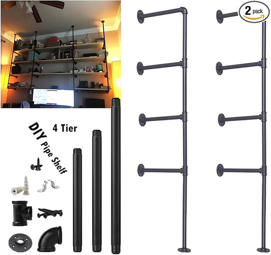 Industrial Wall Mount Iron Pipe Shelf Shelves Shelving Bracket Vintage Retro Ceiling Hung shelf DIY Open Bookshelf Storage for office Room Kitchen (2PcsX4Tier,56" Tall,12"deep,Hardware Only)