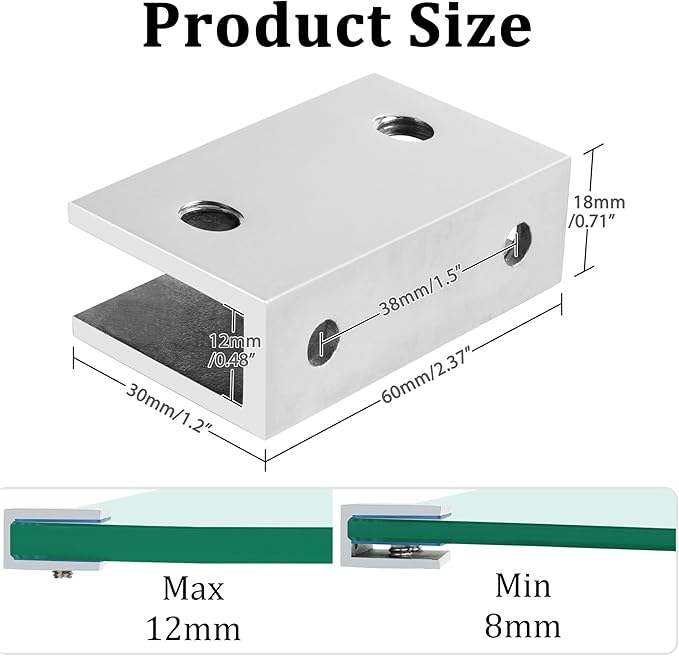 Alise Glass Shelf Brackets 2Pcs, Adjustable Shower Glass Clamps, Heavy Duty Clamp Holder, SUS304 Stainless Steel Brackets for 8-12mm Wood/Glass Shelves and Wall-to-Glass Connection, Polished Chrome
