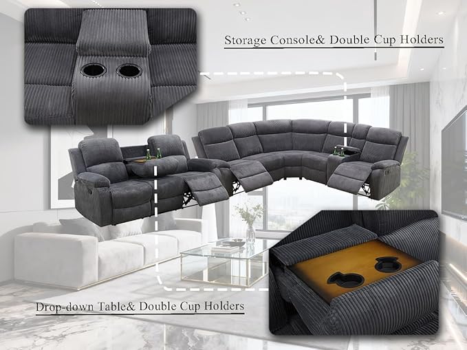 Corduroy Sectional Recliner Sofa Set with Drop-Down Table, Living Room Furniture, Grey Reclining Sectional Sofa Set and Loveseat with Cup Holder and Storage Console for Living Room, Office