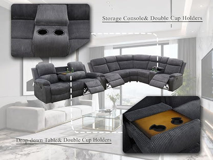 Corduroy Sectional Recliner Sofa Set with Drop-Down Table, Living Room Furniture, Grey Reclining Sectional Sofa Set and Loveseat with Cup Holder and Storage Console for Living Room, Office