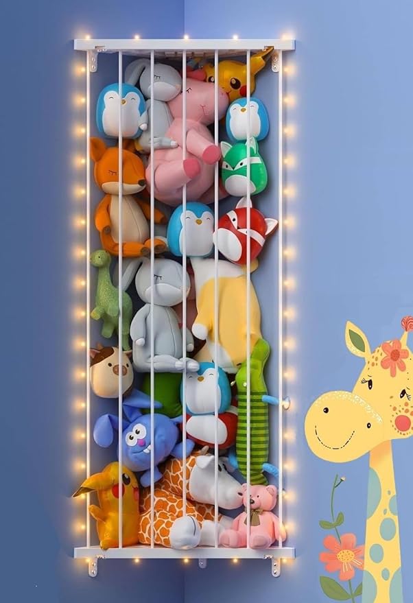 Corner Stuffed Animal Storage Net - Stuffed Animals Holder with Lights - Plush Organizer Hanging Stuffed Animal Hammock for Wall (White)