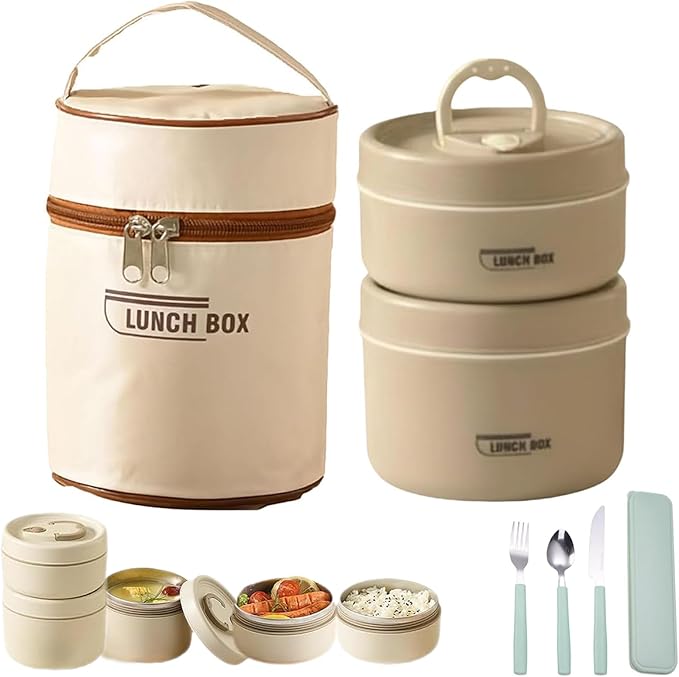 Portable Insulated Lunch Container Set, 4 Tier Separate Stackable Stainless Steel Lunch Container with Insulated Lunchs Bag, Bento Box Hot Food Lunch Containers to Microwave (Brown, 2-Tier)