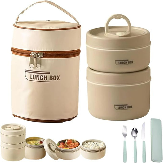 Portable Insulated Lunch Container Set, 4 Tier Separate Stackable Stainless Steel Lunch Container with Insulated Lunchs Bag, Bento Box Hot Food Lunch Containers to Microwave (Brown, 2-Tier)