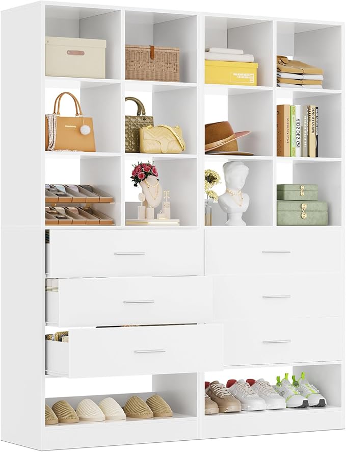 Homieasy Closet System Organizer with Drawers and Partition Storage, 4 FT Freestanding Wardrobe Organizer Modular with Shoe Shelf for Walk-In or Reach-In Closets, Set of 2, White