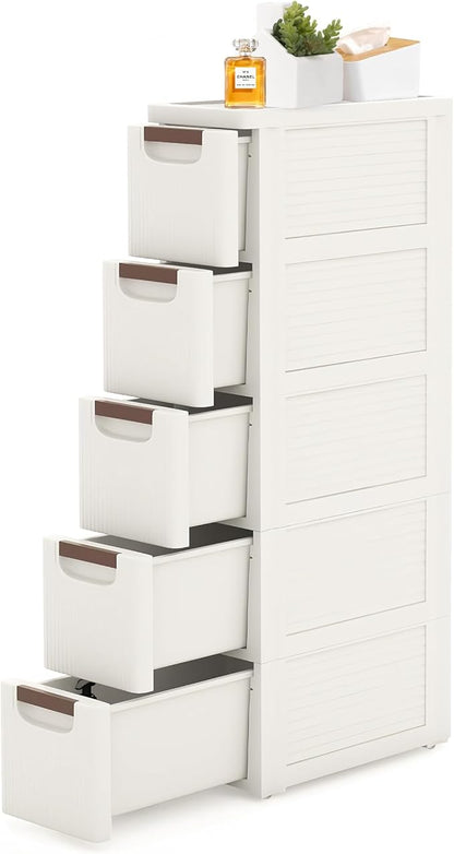 5 Drawers Slim Bathroom Storage Cabinet Dresser, Narrow Plastic Rolling Cart Organizer with Drawers, for Small Spaces, Kitchen, Laundry, Office, Bedroom, White