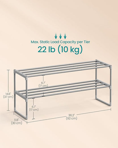 SONGMICS Shoe Rack, 2-Tier Shoe Organizer, Metal Storage Shelf, Upright or Upside Down, for 12-15 Pairs, Stackable, for Entryway, 11.8 x 36.2 x 14.6 Inches, Gray ULSA012G01