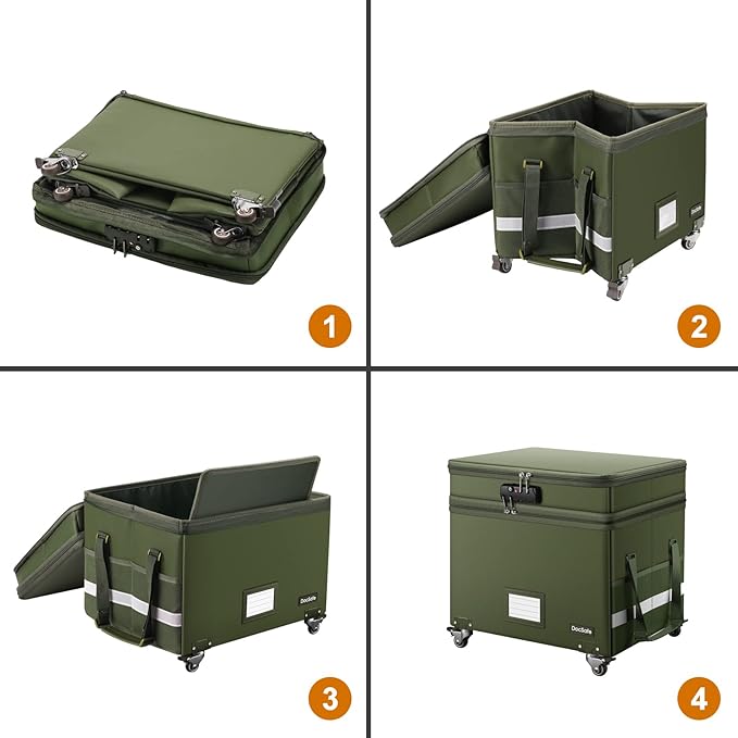 DocSafe File Box with Lock,2-Layer Fireproof Document Box with Wheels,Collapsible Rolling File Storage Organizer with Pockets,Large Portable Home Office Filing Cabinet Safe for Hanging Folders,Green