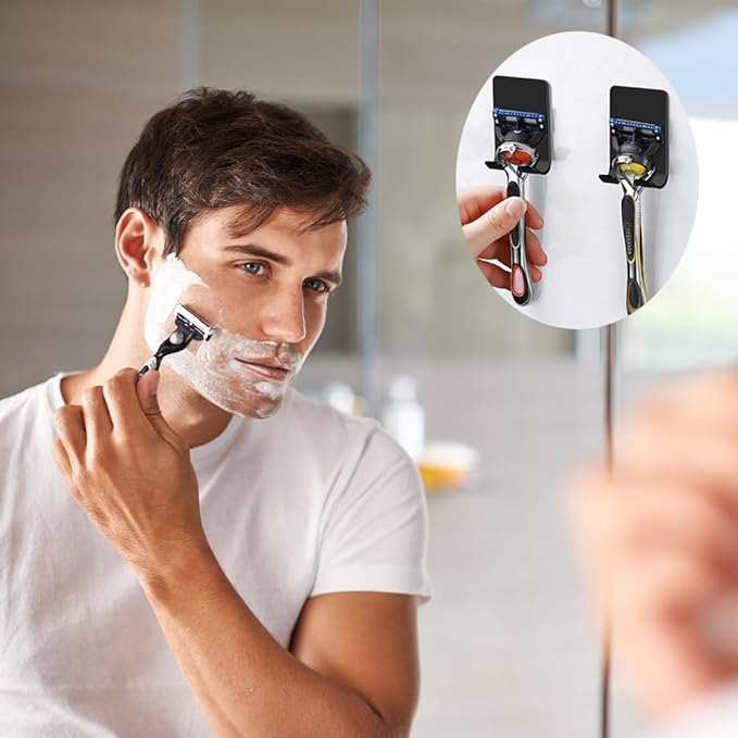 Razor Holder Shaver Hook Hanger Stand(2 Pack)Heavy Duty Self Adhesive Hooks Stainless Steel Sticky Wall Hooks,Shower Hook for Razor,Bathroom Kitchen Organizer for Plug Robe Towel Loofah Bathrobe Coat