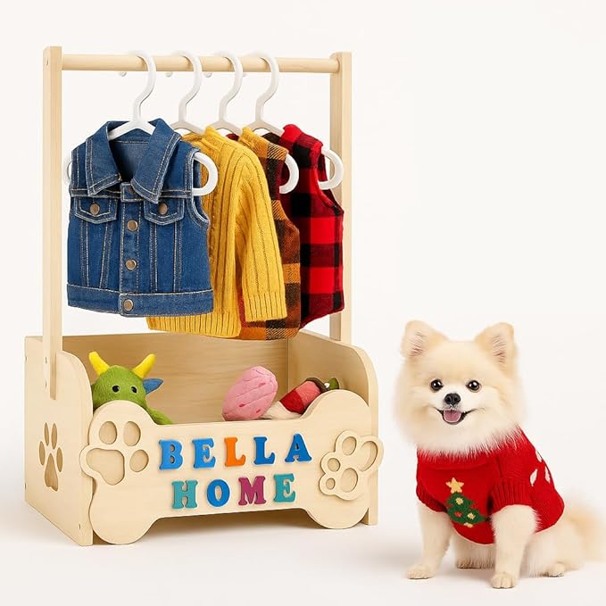 Wooden Dog Clothes Closet for Small Dogs, Pet Wardrobe with Hanging Rod & 10 Hangers, Clothing Rack & Toy Storage for Chihuahua Yorkie Pomeranian, DIY Name Plates, for Dog Moms