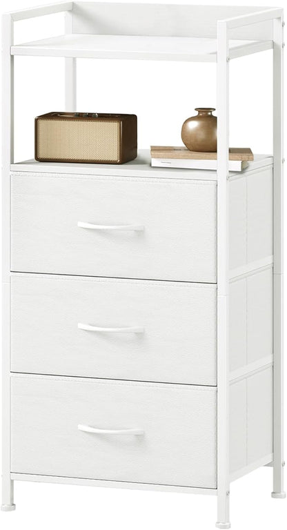 Somdot Nightstand with 3 Drawers, Dresser with Fabric Bins for Bedroom, Hallway, Entryway, Nightstand Bedside Table Furniture, Sturdy Steel Frame, Wooden Top, Easy Pull Fabric Bins, White Leather