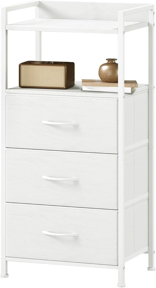Somdot Nightstand with 3 Drawers, Dresser with Fabric Bins for Bedroom, Hallway, Entryway, Nightstand Bedside Table Furniture, Sturdy Steel Frame, Wooden Top, Easy Pull Fabric Bins, White Leather