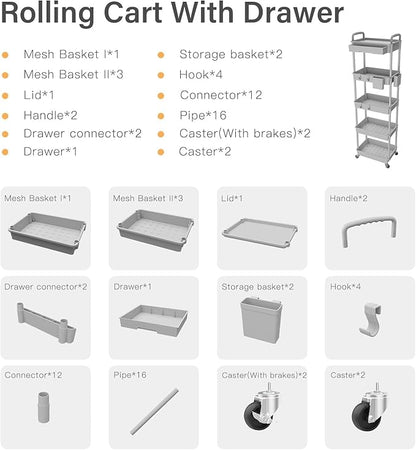 5 Tier Rolling Cart Organizer,Bathroom Cart Organizers with Wheels Laundry Room Organization Mobile Shelving Unit Utility Cart Storage Shelves Multi-Functional for Office, Home(Grey)