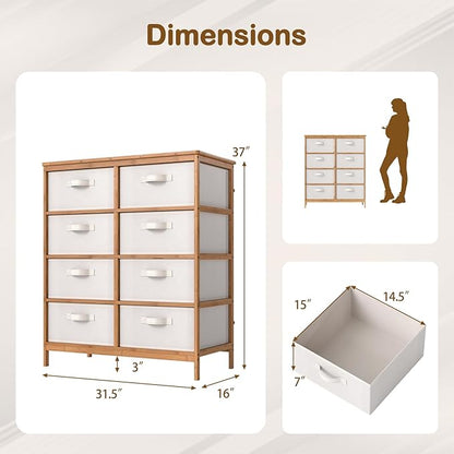 Giantex 8 Drawers Dresser for Bedroom, Bamboo Fabric Storage Tower with Removable Fabric Bins, Chest of Drawers, Storage Organizer for Closet Living Room Hallway (16" D x 31.5" W x 37" H)