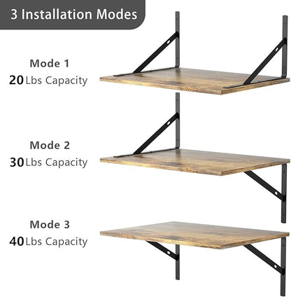 Deep Floating Wall Shelves - 4 Sets of 12 Inch Wide Rustic Brown Wood Shelves for Bathroom, Bedroom, Kitchen, Living Room