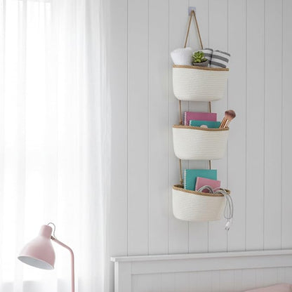 TeoKJ 3-Tier Wall hanging Storage Bags, Over the Door Organizer, Decorative Cotton Rope Hanging Baskets, White & Dark Brown