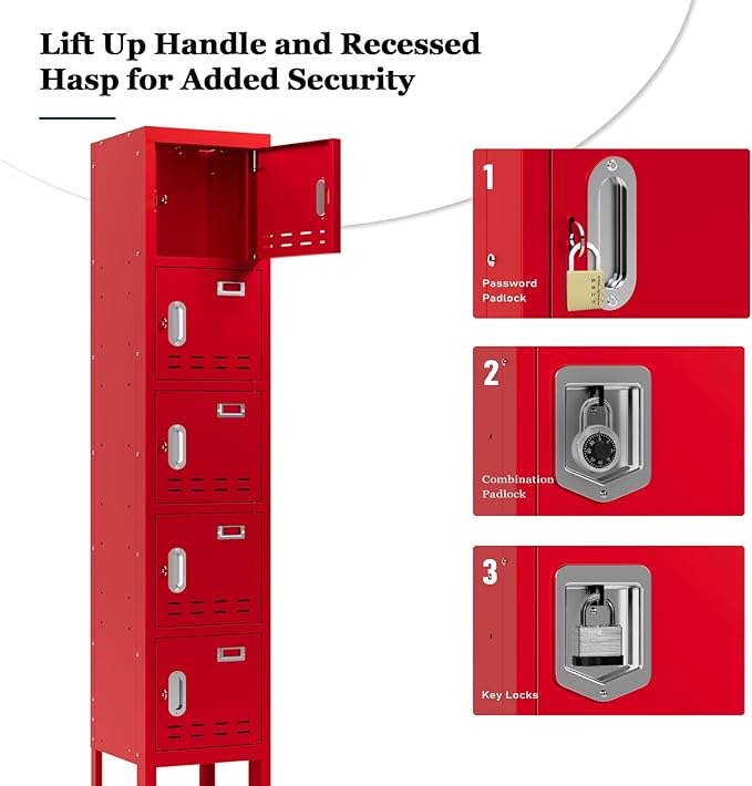 Metal Storage Locker with Lock & Card Slot Locker - Secure Lockable Door - Steel Locker for School, Office, Gym, Home - 66.15" H x 11.8" W x 11.8" D（5 Door, Red）