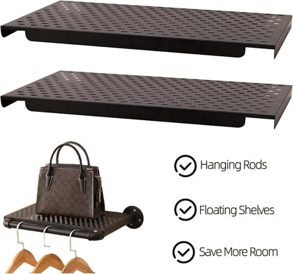 Industrial Pipe Clothing Rack with Floating Shelves, 2 Hanging Rods Wall Mounted Garment Rack, Heavy Duty Iron Clothes Bar, Space-Saving Clothing Hanging Rails for Closet (2 hanging rods 1 shelf)