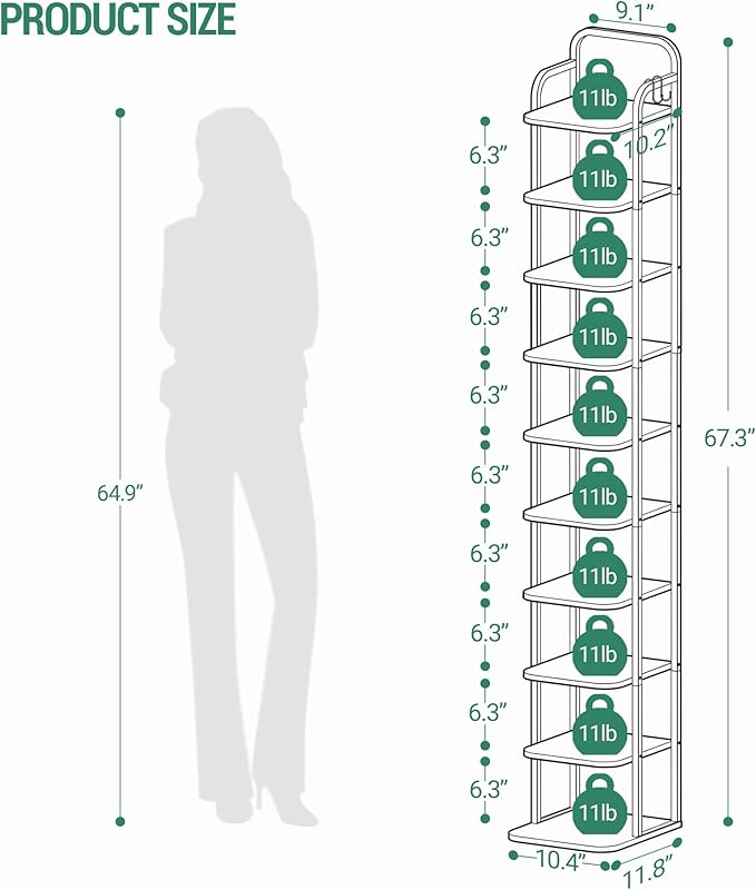 Vertical Shoe Rack, Shoe Shelves, Wood Shoe Organizer for Closet, Entryway, Shoe Tower for Small Spaces, Free Standing, Adjustable, with 2 Hooks, 10 Tier Black SR11204B