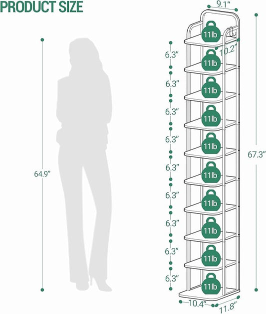Vertical Shoe Rack, Shoe Shelves, Wood Shoe Organizer for Closet, Entryway, Shoe Tower for Small Spaces, Free Standing, Adjustable, with 2 Hooks, 10 Tier Black SR11204B