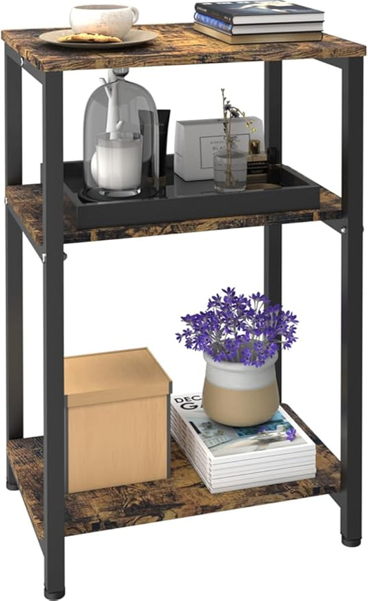 3 Tier Side Table, Heavy Duty End Table with Shelves, Narrow Nightstand for Small Spaces, Record Player Table for Bedroom, Living Room, Sofa Couch - Rustic Brown & Black
