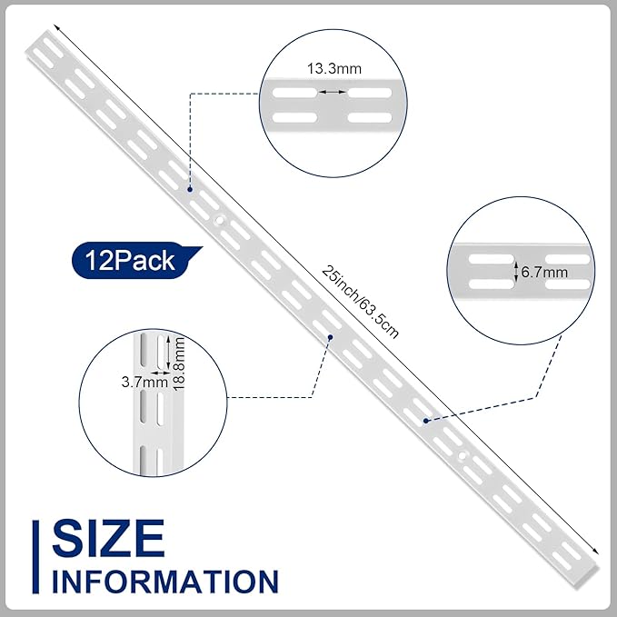 12 Pack 25 Inch Dual Track Upright Wall Shelving System Shelf Bracket Twin Slot Shelf Rail Twin Track Upright Heavy Duty Support System for Pantries, Linen Closets, Laundry Rooms (White)